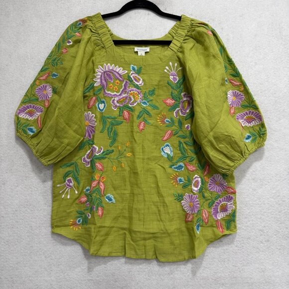 Sundance Shirt Womens Medium Green Embroidered Linen Blend Boho Peasant Top - Picture 1 of 7